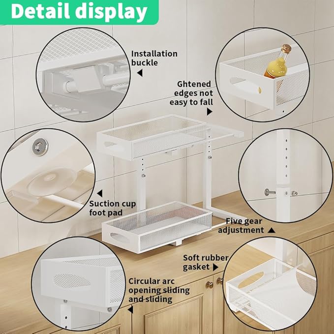 1 Pack Under Sink Organizer and Storage, 2 Tier Pull Out Sliding Cabinet Shelf, 5-Level Height Adjustable Thickened Carbon Steel Storage Rack for Kitchen Bathroom Cabinet, White