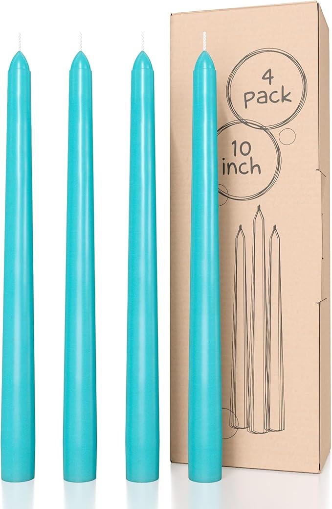 CANDWAX 10 inch Turquoise Taper Candles Pack of 4 - Unscented Smokeless Dripless Tall Candle Sticks - Perfect for Holidays, Ordinary Dinners and Special Occasions - Teal Candlesticks
