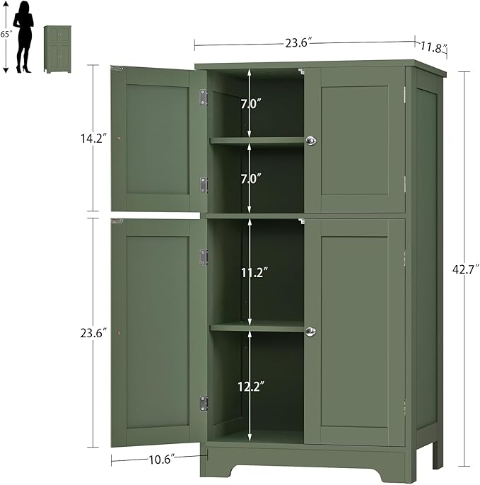 TEENFON Bathroom Cabinet, Narrow Bathroom Storage Cabinet with 5 Adjustable Shelves & Drawer, Freestanding Cupboard for Small Spaces, Green