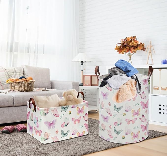 Rectangle Pink Butterfly Storage Basket with Handles, Collapsible Storage Bin, Books Box, Gift Basket(Pink Butterfly)