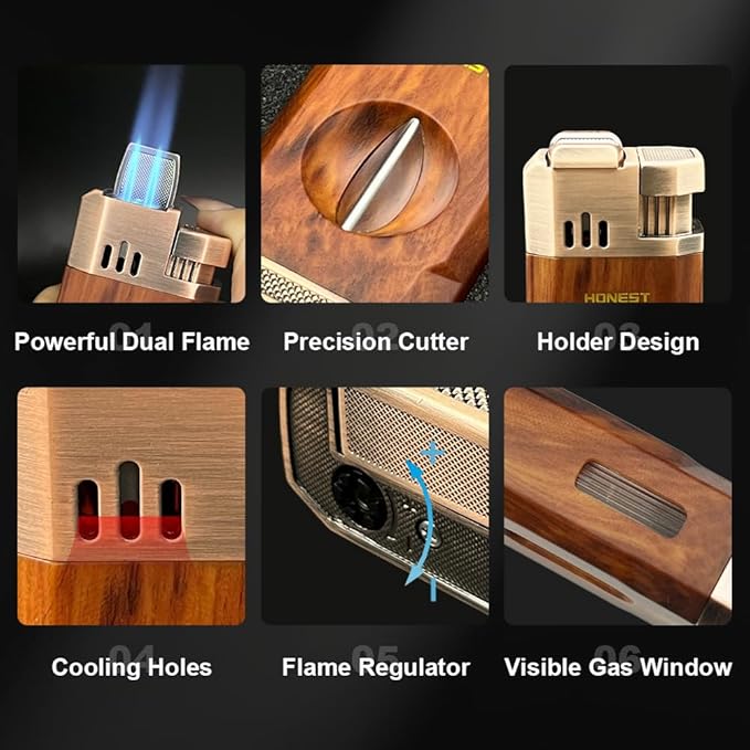 All-in-One Windproof Outdoor Lighter with Dual Jet Flame Built-in Cutter, Butane Refillable and Flames Adjustable, Visible Gas Tank, Portable for Travel, Candle Lovers, Box Included