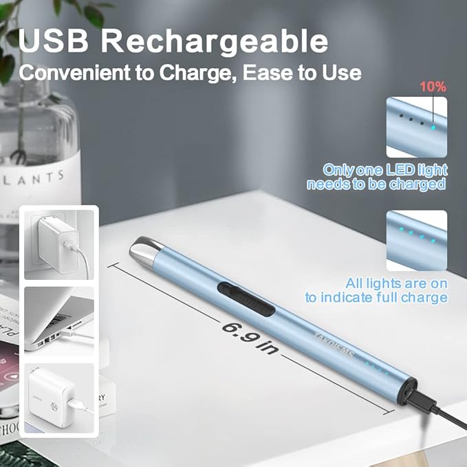 Candle Lighter, Electric USB Lighter with LED Display, Safety Switch, Rechargeable, Windproof, Blue