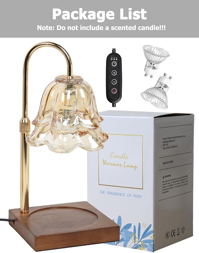 Flower Candle Warmer Lamp with Timer, Gold Lamp Candle Warmer Adjustable Dimmable, Electric Wax Warmer Lamp for Large Jar Candles Melt with 2 Bulbs, Gifts for Men Women Birthday Home Decor