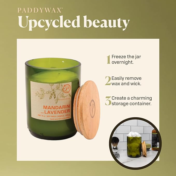 Paddywax Eco Collection Scented Soy Wax Candle in Glass Jar, Mandarin & Lavender Fragrance, Green Vessel with Wood Lid, 8 oz