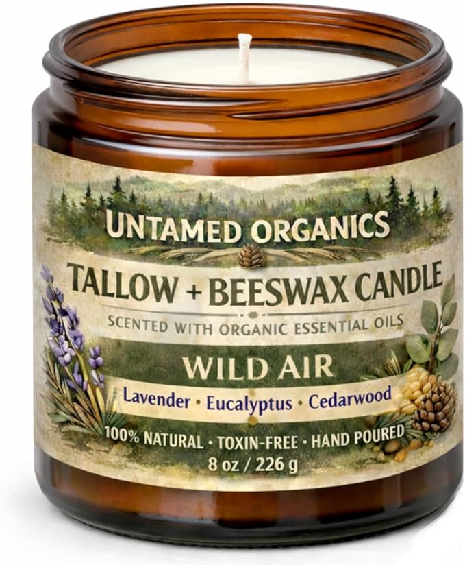 Grass-Fed Tallow Candle, Essential Oil Scented (Lavender Eucalyptus Cedarwood), No Synthetic Fragrance, Non-Toxic, 100% Cotton Wick, Hand Poured, 8 oz Amber Glass Jar, 50+ Hr Burn