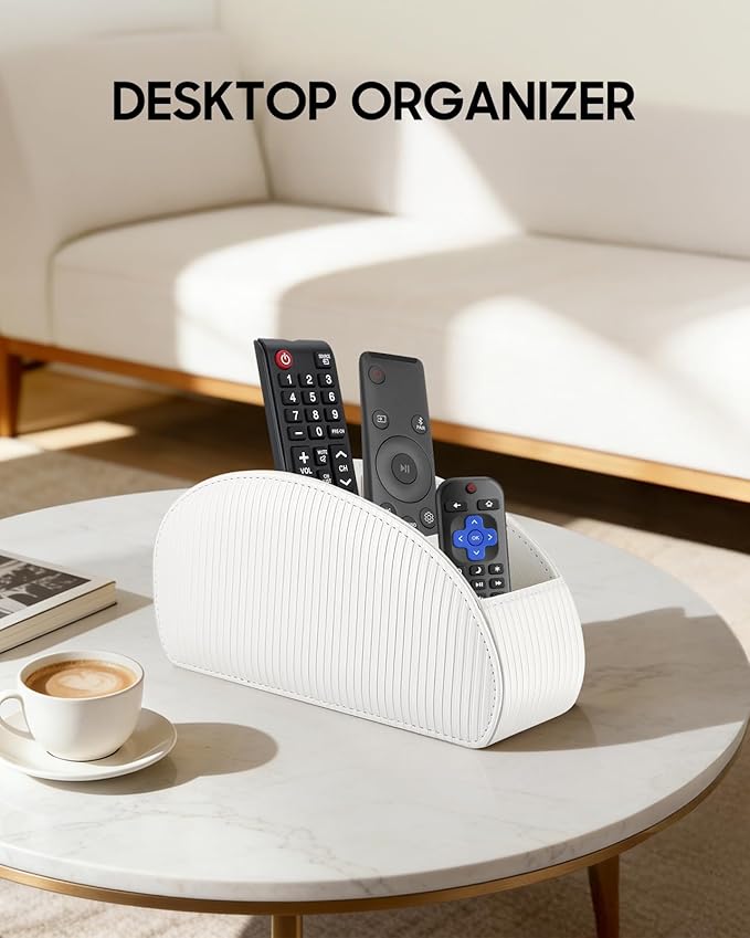 SITHON Remote Control Holder with 5 Compartments - PU Leather Remote Caddy Desktop Organizer Store TV, DVD, Blu-Ray, Media Player, Heater Controllers, Stripe Pearl White