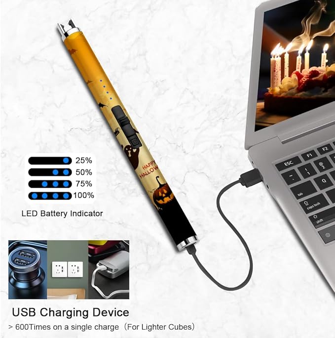 SUPRUS Electric Candle Lighter USB Type C Rechargeable Lighter with Upgraded LED Battery Display Safety Switch Flameless Plasma Windproof for Candle Cooking BBQs Fireworks (Halloween)
