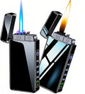 Torch Lighter, Butane Torch Soft Flame Plasma Dual Arc 3-in-1 Lighter, USB Rechargeable Electric Lighters with Flashlight, Windproof Refillable Lighters (Without Fuel) (Black Ice)