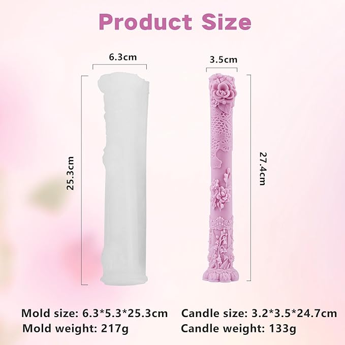 Vintage Long Pillar Candle Mold, Intricate Floral Design Silicone Mold for DIY Candle Making Plaster Polymer Clay Home Decoration