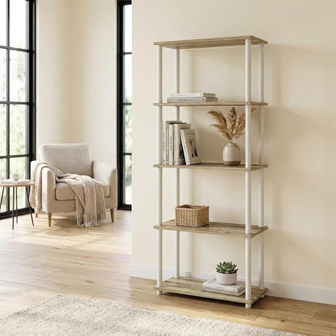 Furnifact White Bookcase, Sonoma Oak, Modern Design, Sturdy Wood, Spacious Shelves, Versatile Storage for Home or Office