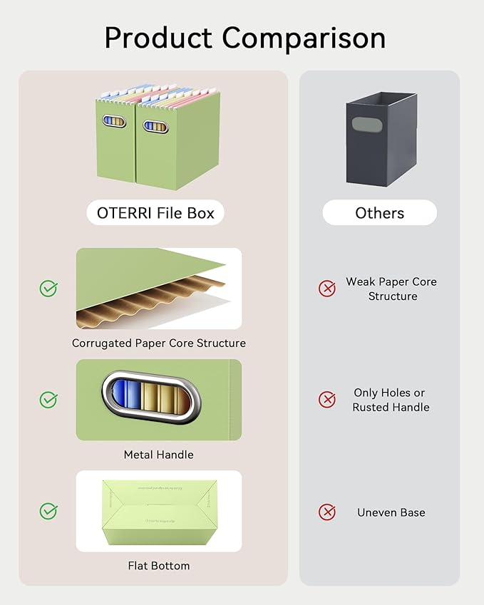 Oterri File Organizer Box, Portable Collapsible Cardboard File Folder Organizer with Handle for Letter Size Hanging Files, Document Storage Box for Home Office & Classroom (8 Packs, Green)