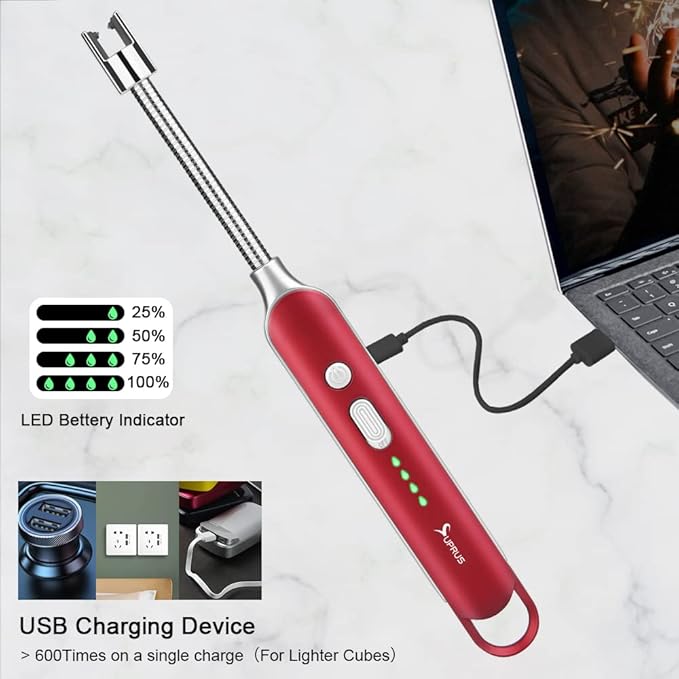 SUPRUS Electric Rechargeable Arc Lighter with LED Battery Display Long Flexible Neck USB Lighter for Candle Cooking (Red, 3Packs)