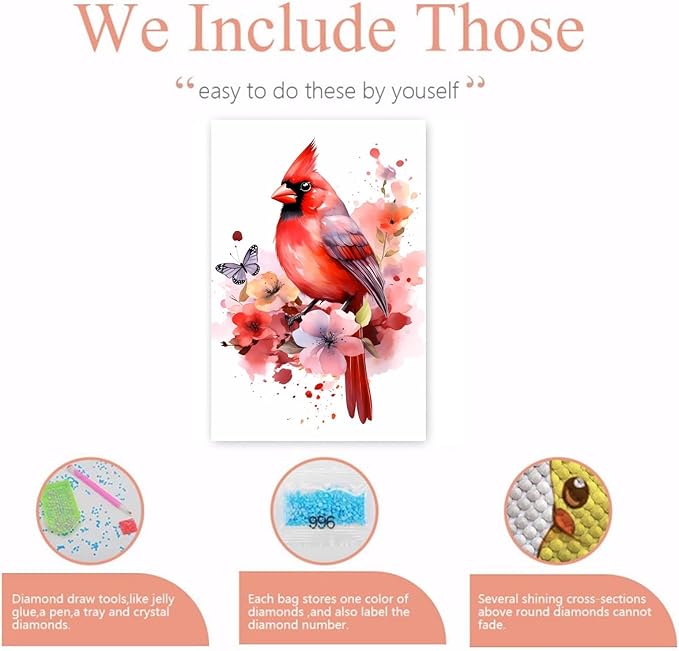 GUAIEUW Red Bird Tie-Dye Flower Diamond Painting Kit for Adults, Full Round Diamond Cardinal Bird 5D Diamond Painting DIY Art Crafts for Winter Home Wall Decor Holiday Gift 16x24 Inch