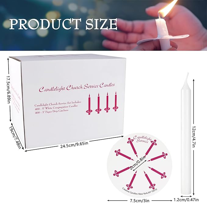 400Packs White Taper Candles, Unscented, with Paper Holder, Halloween, Shabbat, Vigil, Prayer Candles, Large Event Handheld Taper Candles Perfect Size.