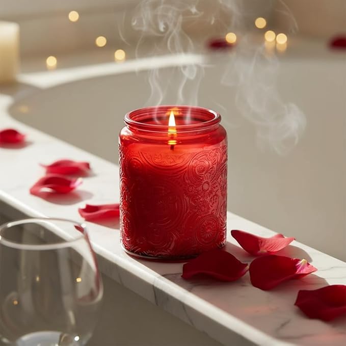 Art Secret 9-Pack 8oz Embossed Glass Candle Jars with Lids and Labels - Sun Moon Stars Design (Red)
