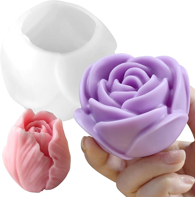 2 Pack Tulip Flower Peony Rose Succulent Cylinder Candle & Resin Mold - Resin Casting Silicone Molds for Home Decor & Candle Making Wave Spiral Mold