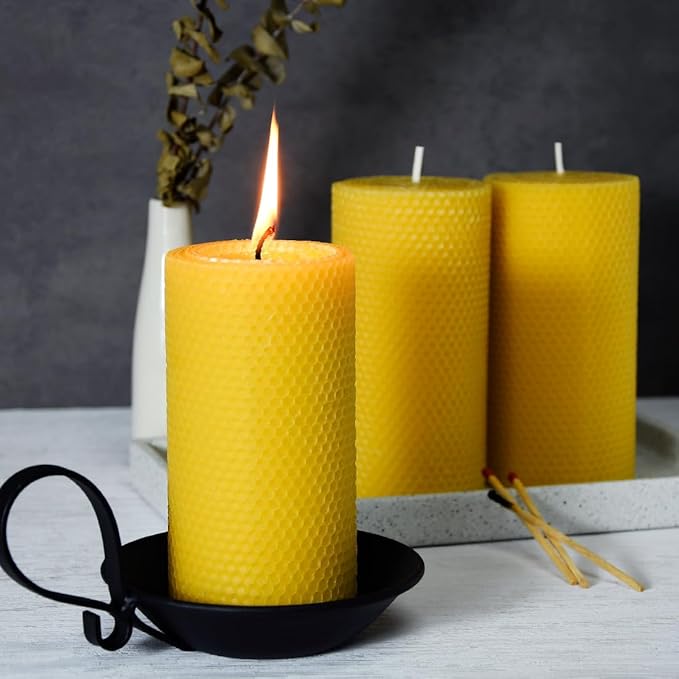3 * 6" Large Beeswax Pillar Candle, Handmade Pure Beeswax Rolled Candle,Unscented & Dripless & Smokeless,Original Color