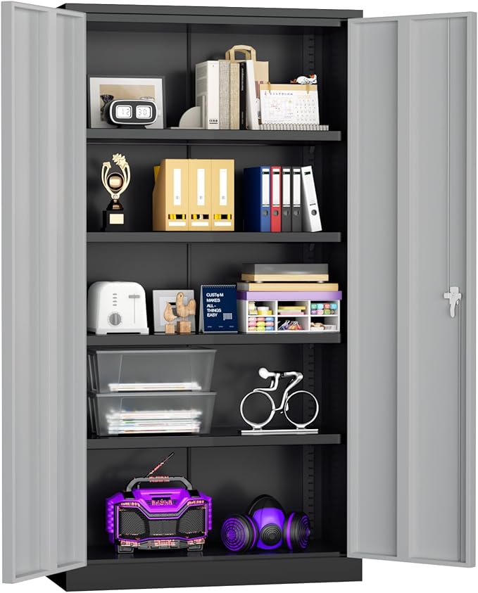 Superday Metal Storage Cabinets, 72" Storage Cabinet with Locking Door, Tall Garage Cabinet with 2 Doors and 4 Adjustable Shelves for Home Office, Classroom, Easy Assemble(Black Grey)