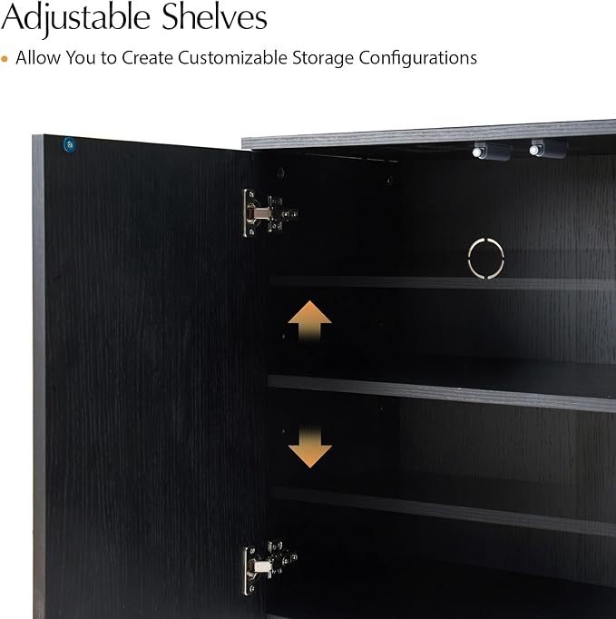 HULALA HOME Mid Century Modern Solid Wood Sideboard with Triangle, 4 Door Fluted Buffet Cabinet with Storage, 58" Sideboard Cabinet with Adjustable Shelves, Black