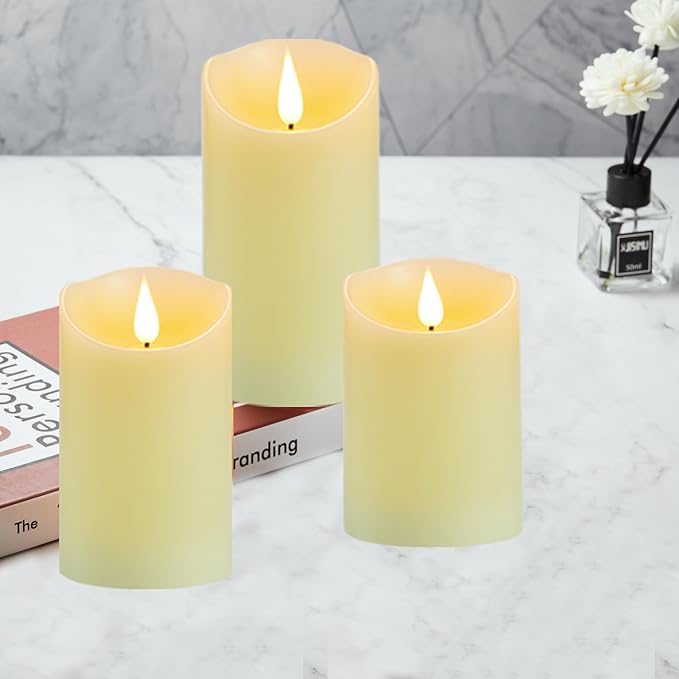 Rechargeable Candles, Flickering Flameless Candles with Remote and Timer, Real Wax LED Candles with 3D Wick, Pillar Candles for Home, Festival, Wedding, Party Decor Set of 3