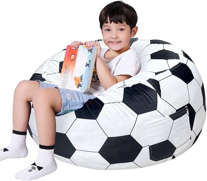 Lukeight Soccer Stuffed Animals Storage Bean Bag Chair Cover Only (Ships Empty, No Filling) - Velvet YKK Zipper Beanbag Cover for Big Kids Teens, Washable Plush Toy Organizer, XX-Large 36" D x 20" H