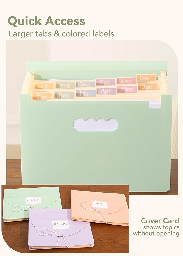 SortRax Accordion File Organizer 12 Pockets, Monthly Bill Receipt Tax Organizer, Expanding File Folders with Larger Bright Tabs, Fits Letter/A4 Size - Green