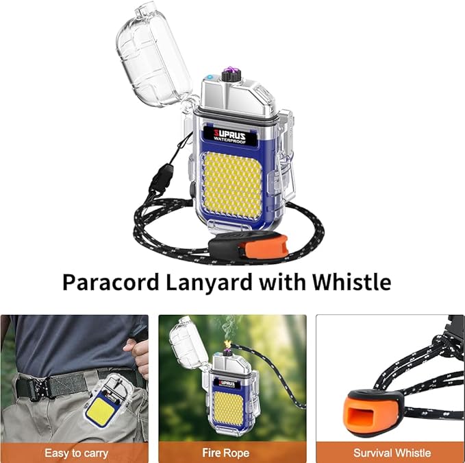 SUPRUS Waterproof 3 Modes of Flashlight Windproof Lighter Dual Arc Electric Rechargeable Dual Arc Plasma Lighter with Survival Emergency Whistle and Lanyard (Blue, 2Packs)