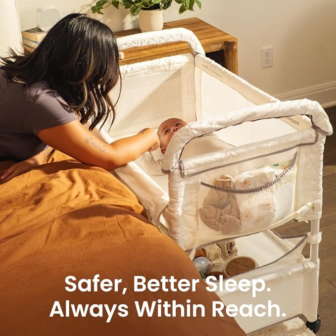 Arm’s Reach Clear-Vue Co-Sleeper Bedside Bassinet Featuring Clear Mesh Panels with Fold-Down Side, Large Attached Storage Basket, 4 Wheels, and Height-Adjustable Legs, White