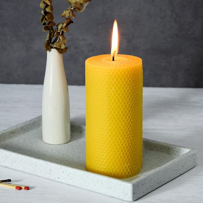 3 * 6" Large Beeswax Pillar Candle, Handmade Pure Beeswax Rolled Candle,Unscented & Dripless & Smokeless,Original Color