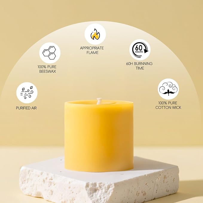3 Pack Beeswax Candles - 3x3inchs Emergency Candles, Beeswax Pillar Candles 150 Hours Long Burning, Organic Unscented Dripless Smokeless Bees Wax Candle Bulk for Home Paryer Party (3x3in)