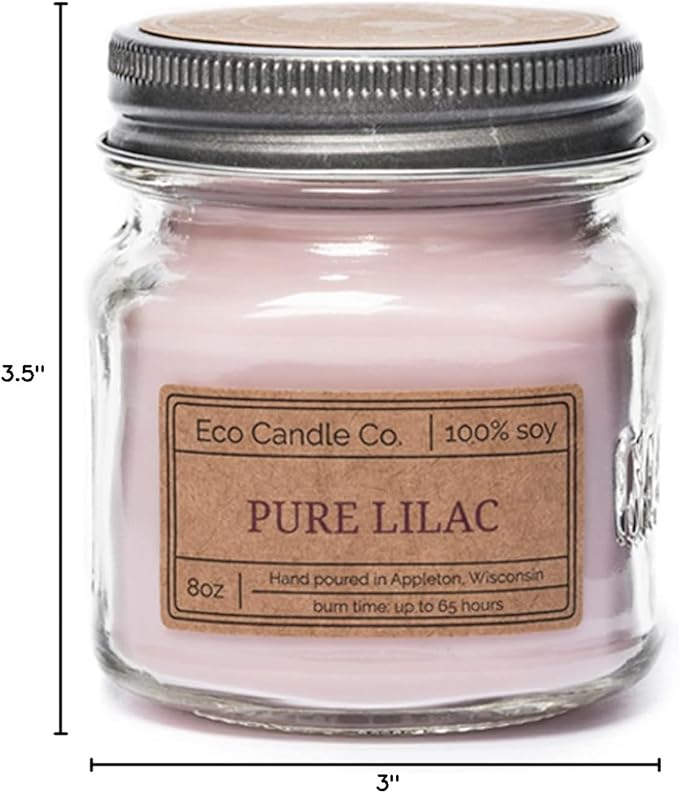 ECO CANDLE CO. Mason Jar Candle, Pure Lilac, 8 oz. - Scents of Pure Lilac Bushes - 100% Soy Wax, No Lead, Kraft Label & Antiqued Pewter Lid, Hand Poured, Made from Midwest Grown Soybeans