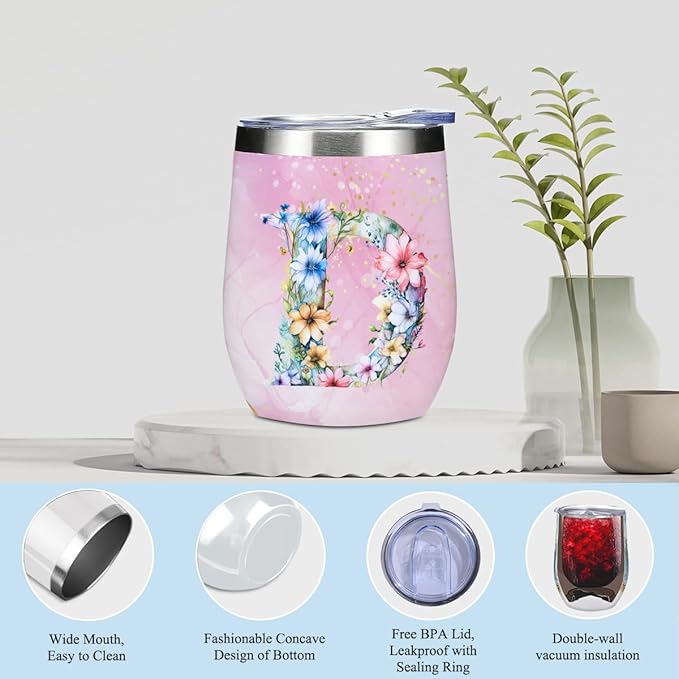Personalized Gifts Monogrammed Birthday Gifts for Women, Niece Auntie Boss Teacher Appreciation Christmas Initial Wine Tumbler Makeup Bag Scented Candle Bracelet Set, (Aesthetic Pink Flower D)