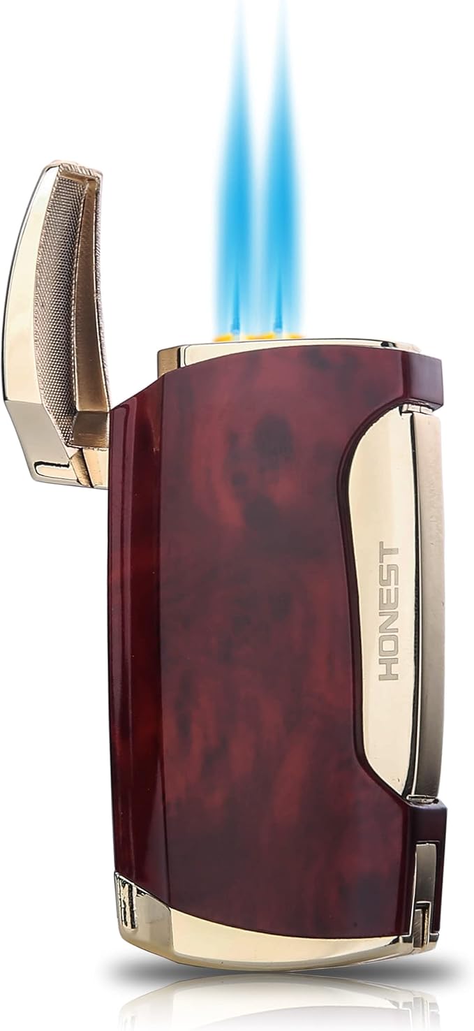 PROMISE Metral Lighter Double Jet Flame Cigar Lighter Shipped Without Gas (Brown Grain)