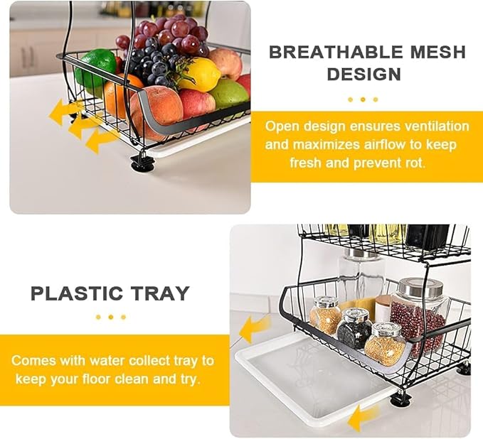 Miyawell Fruit Vegetable Storage Basket, 4 Tier Stackable Metal Wire Storage Baskets with Wheels, Fruit Vegetable Produce Basket Organizer Bins for Kitchen, Pantry, Bathroom
