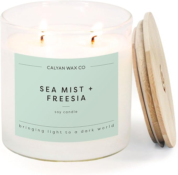 Calyan Wax Co. Sea Mist & Freesia 2 Wick Scented Candle - 37 Hour Burn - Luxury Non Toxic Soy Wax Candles - Long Lasting Large Glass Jar Candle for Home - 8.8oz