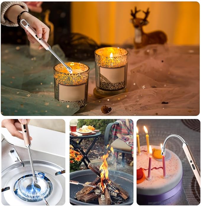 SUPRUS Rechargeable USB Arc Electric Lighetrs with Safety Switch 360° Flexible Neck Flameless Grill Long Lighters for Candle Camping Cooking (Champagne Gold, 2Packs)
