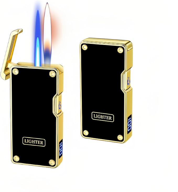 Smart Butane Lighter with 5 Ignition Methods, Voice-Activated Dual Flame Lighter with Windproof Blue Torch and Soft Flame Options, Rechargeable and Refillable Lighters (Without Fuel) (Black)