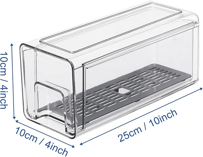 Pull Out Clear Fridge Organizer Drawers with Drainer, Refrigerator Stackable Storage Bins for Kitchen Fruit & Veggie Organization (2PCS, Small)