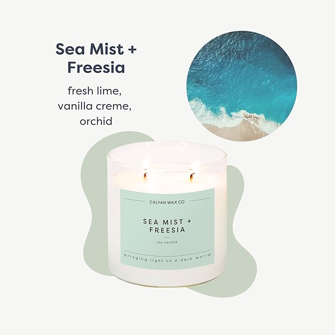 Calyan Wax Co. Sea Mist & Freesia 2 Wick Scented Candle - 37 Hour Burn - Luxury Non Toxic Soy Wax Candles - Long Lasting Large Glass Jar Candle for Home - 8.8oz