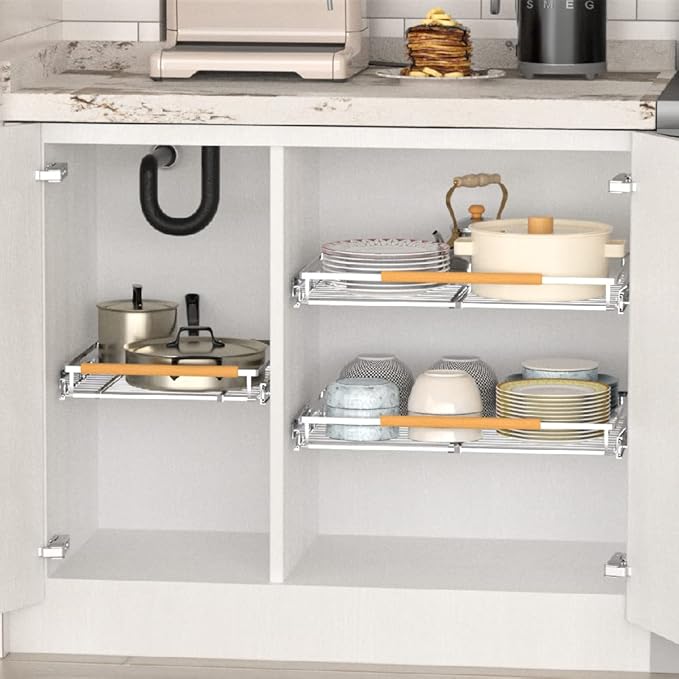 Large Pull Out Kitchen Cabinet Organizer, 22.7''-39.8''Width, Heavy Duty Slide Out Pantry Shelves Sliding Drawer Storage for Kitchen, Under Sink, Bathroom, Wardrobe, Set of 2