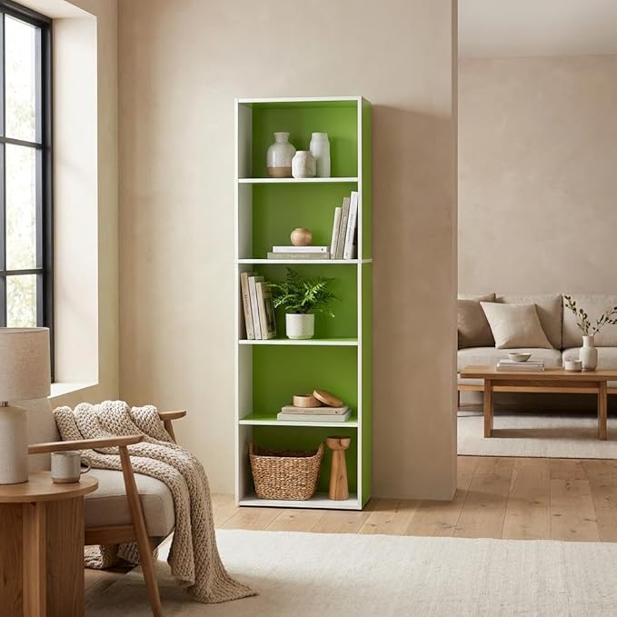 Furnifact White and Green 5-Tier Reversible Open Shelf Bookcase, Durable Construction, Stylish Modern Design for Living Room, Bedroom, Office Storage