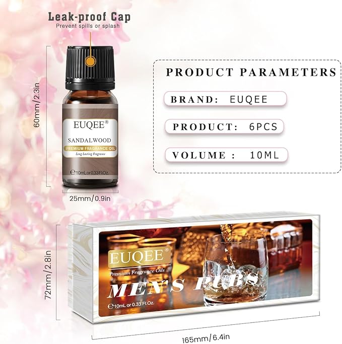 EUQEE 6PCS Fragrance Oils for Men, Men's Pubs Gift Set Premium Fragrance Oils -10ml-Leather, Honeyed Haze, Dragons Blood, Sandalwood, Bay Rum, Cedarwood (Men's Pubs)