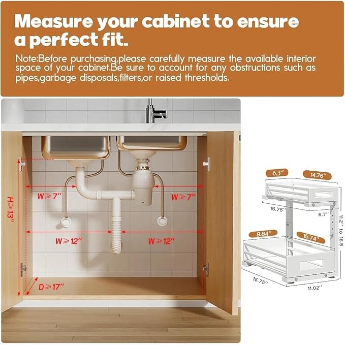2-Pack Under Sink Organizers and Storage,2-Tier L Shape Pull Out Cabinet Organizer With Round Tube Slide Rails,Hight Adjustable Slide Out Drawers for Kitchen&Bathroom,Multi-Purpose Storage Shelf-White