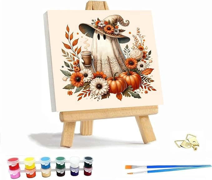 VIGEGU Fall Ghost Paint by Numbers Kit for Adults with Framed,Thanksgiving Paint by Number DIY Acrylic Adult Paint by Number Kits for Wall Decor 10x10in