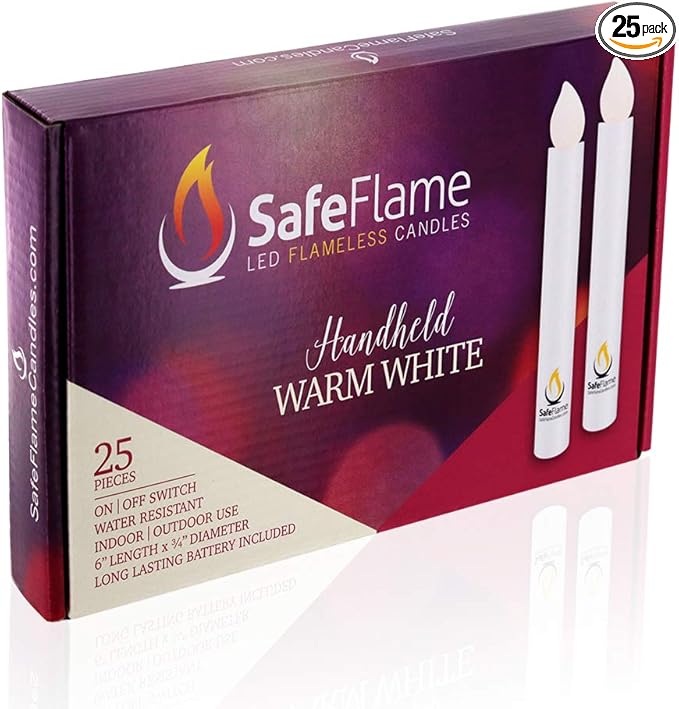 SafeFlame Hand Held LED Candles - Batteries Included - Easy On/Off Switch - Safe Flame for Candlelight Service (Box of 25) (Warm White)