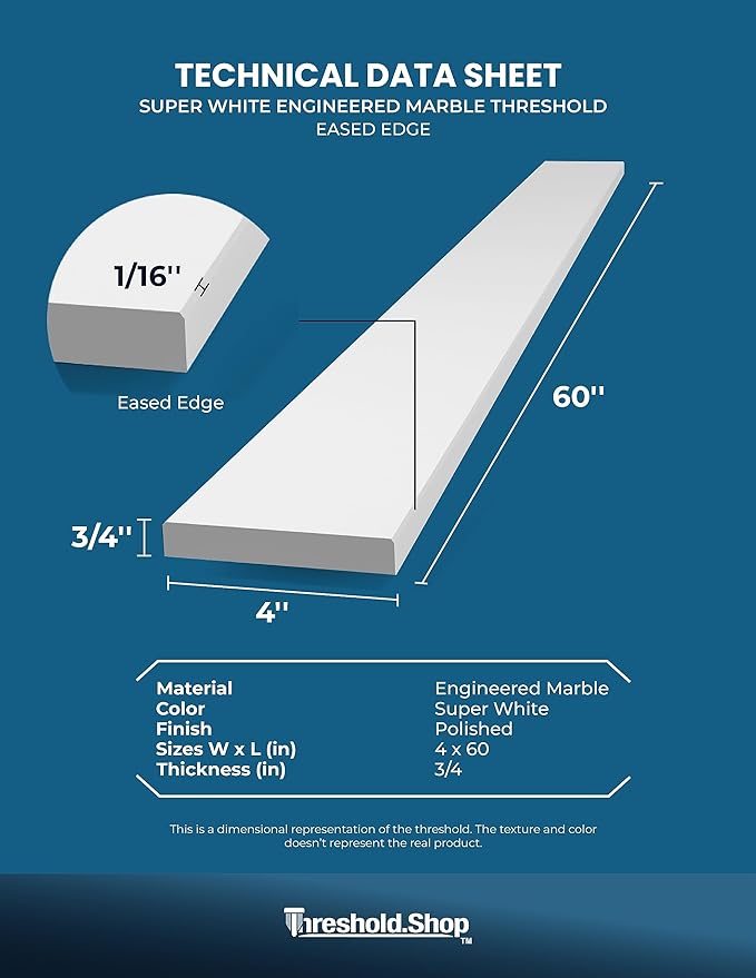 Super White Engineered Marble Threshold for Shower Curb, Bathroom Vanity Backsplash, Window Sill, Door Transitions (4" x 60")