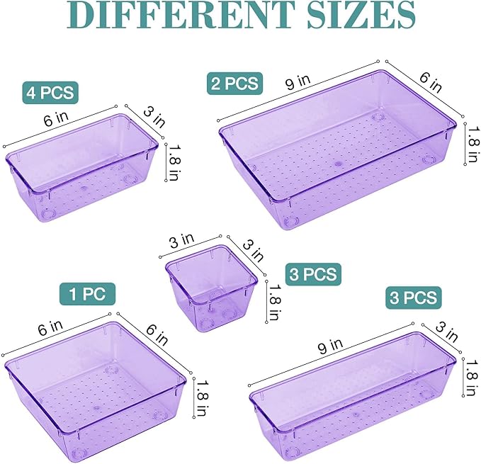 StorMiracle 13 PCS Drawer Organizer Set, 5 Varied Size Bathroom and kitchen Drawer cabinet organizer Trays, Clear Storage Bins for Makeup, Jewelry, Utensils and Gadgets, Purple
