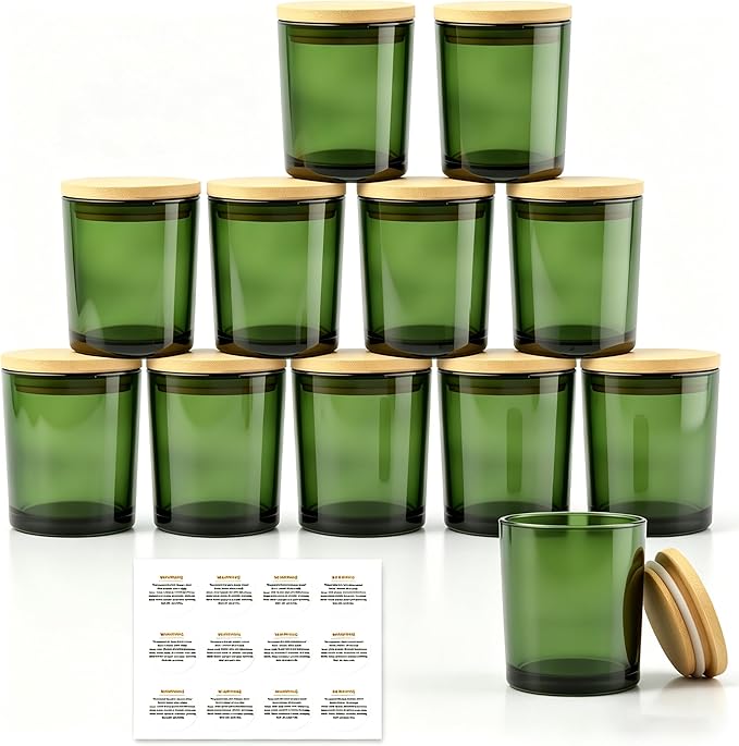 GLATABAM 7 OZ Candle Jars 12 Pack - Bulk Glass Candle Making Jars with Bamboo Lids & Labels, Heat Resistant Empty Reusable Candle Vessel for Containers(Green)