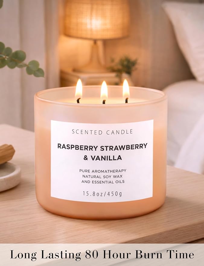 Raspberry Strawberry Vanilla 3-Wick Scented Soy Candle 15.8 oz | Large Sweet Berry Vanilla Scented Candle for Home | Relaxing Aromatherapy Candle | Strong Throw & Long Lasting