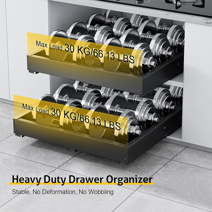Upgrade 2 Pack Pull Out Cabinet Organizer, Expandable Width (11.4"-18.9") Depth (16.3"-21.7") Pull out Drawers for Cabinets with 3 Rails, No Drill Adhesive Film or Nail Slide out Drawers for Kitchen